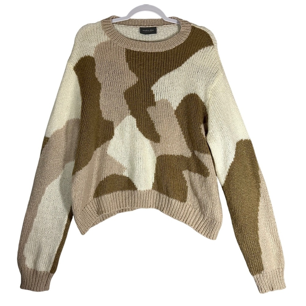 Wooden Ships Sweater XL Brown & Cream‎ Camo Knit Mohair Wool Blend Quiet Luxury